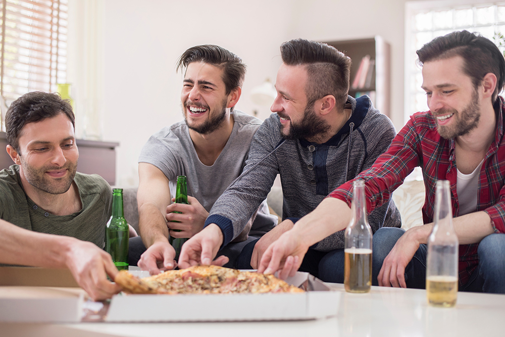 alt = "men beer pizza"